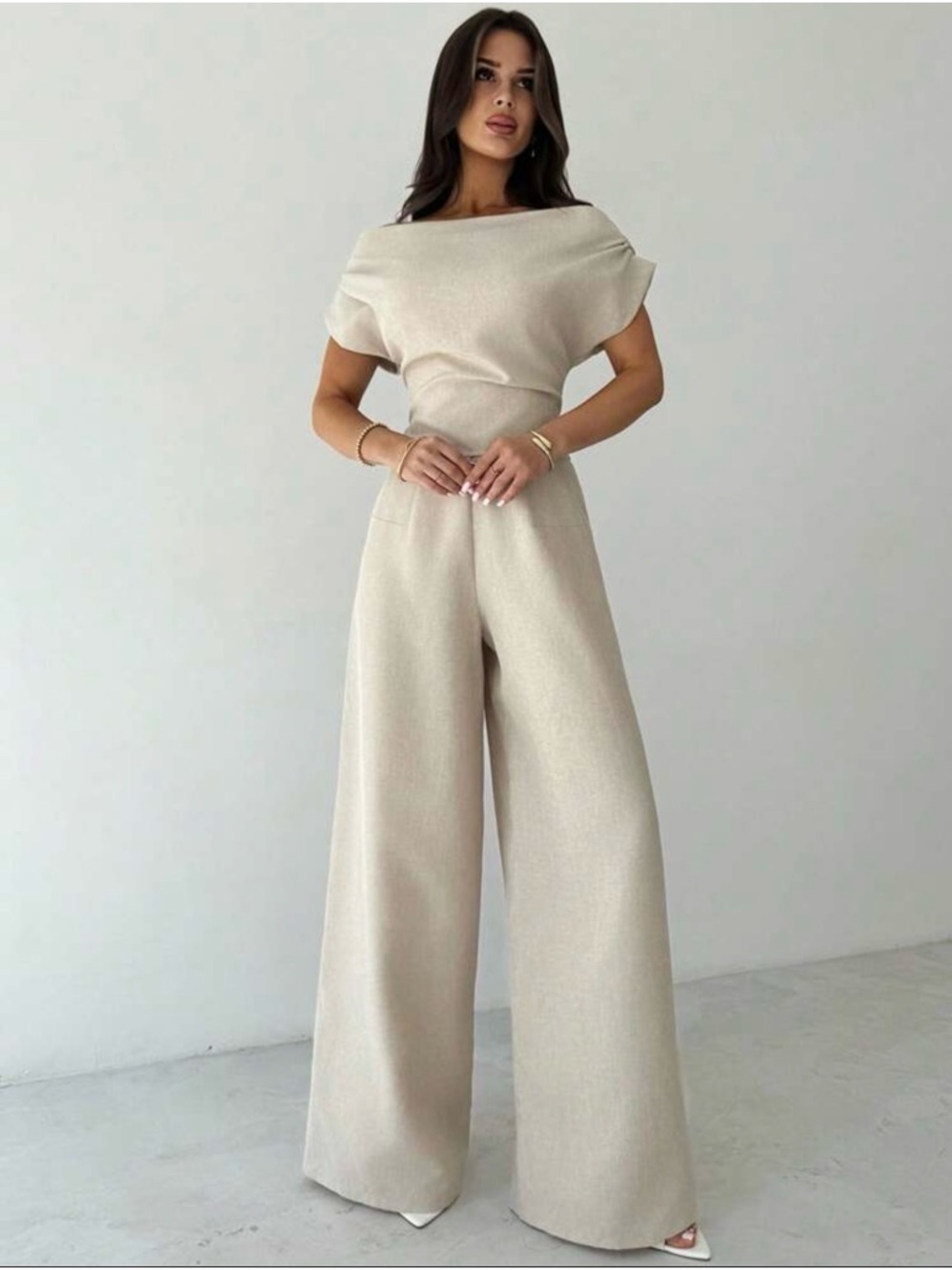 Light Beige Women's Draped Neck Dress